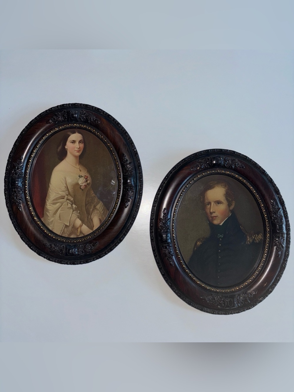 Vintage Southern Belle and Major Biddle Portrait Wall Plaques Brown wooden Frame
